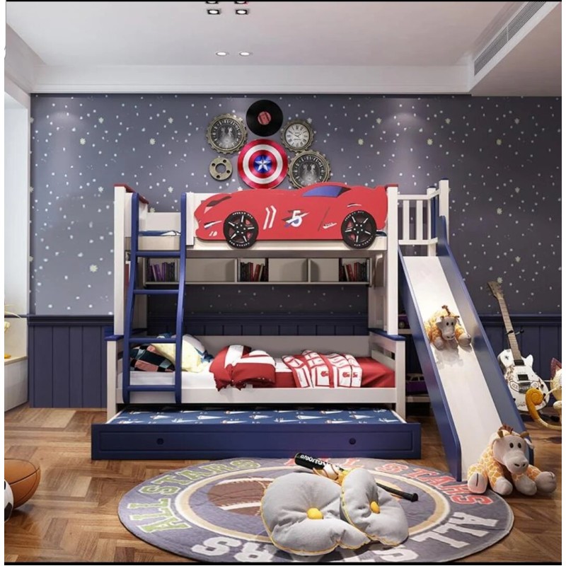 Single Over Double Navy Blue Bunk Bed with Slide & Trundle – Ultimate Kids’ Bedroom Fun